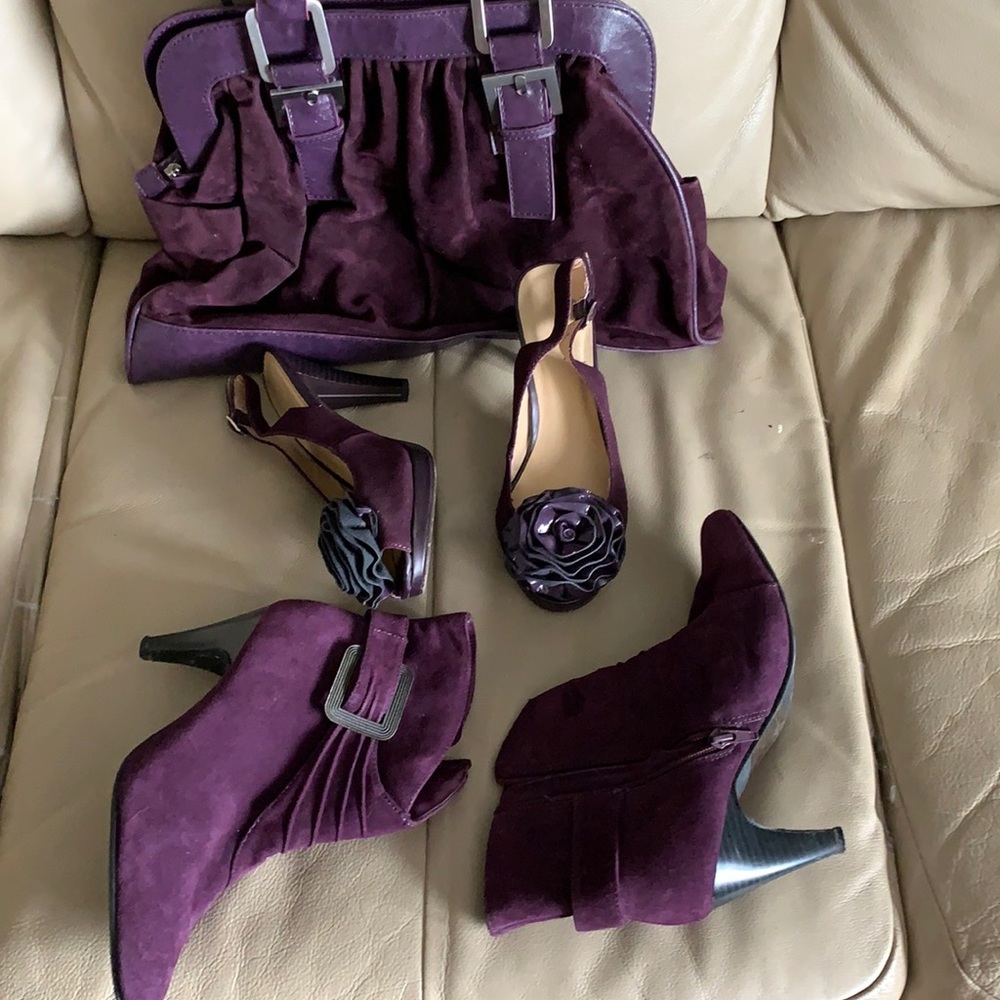 Faux suede satchel style purse, heels and ankle boots
